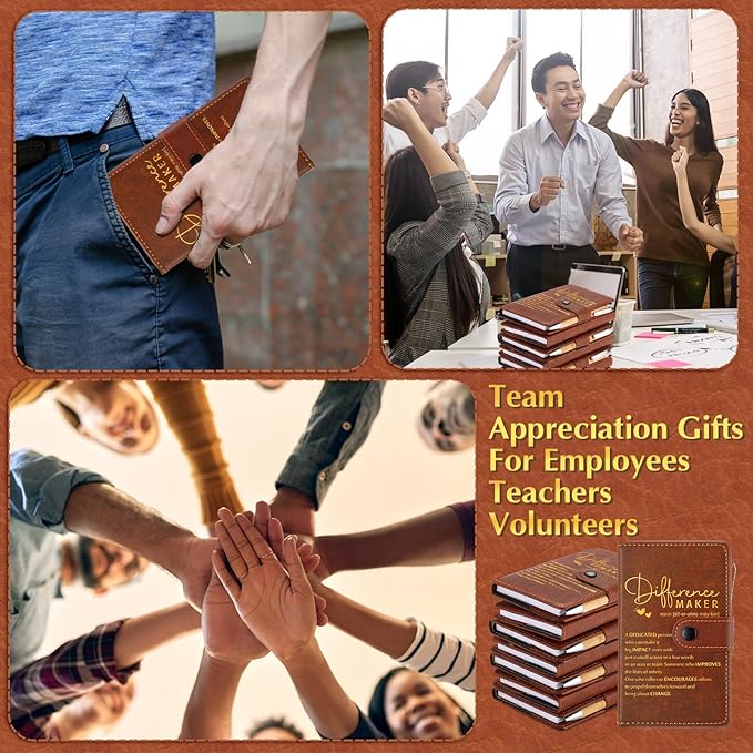Marspark 10 Sets Difference Maker Appreciation Gifts for Men Inspirational A5 Leather Notebooks with Pens Employee Thank You Gifts for Men Women Coworker Nurse Teacher Back to School (Brown)