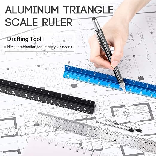 6 Pcs 12 Inch Architectural Engineering Scale Ruler Set Aluminum Triangular Drafting Tool with Metal Standard Ruler and 6 in 1 Tech Tool Pen for Architects, Draftsman and Engineers Drafting Blueprints