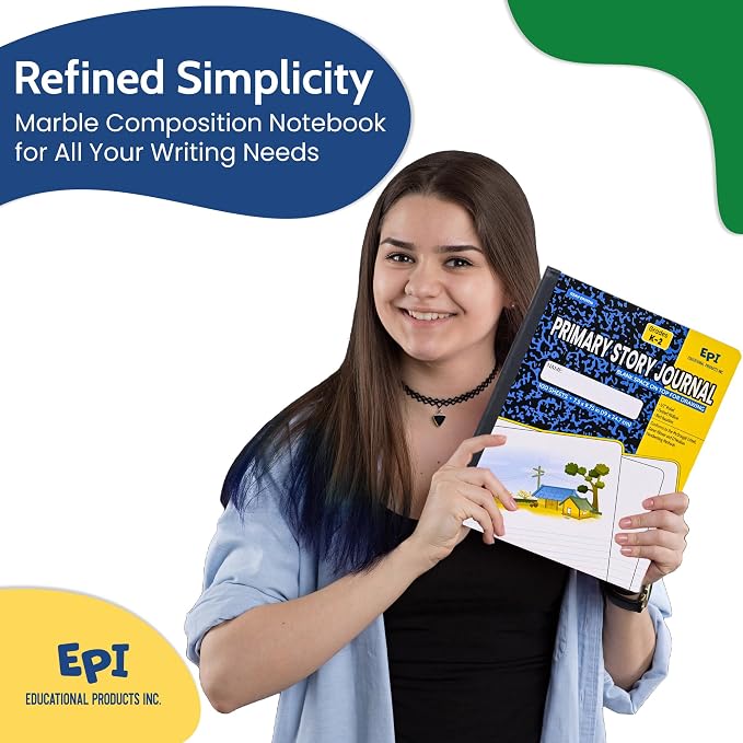 12 Pack - EPI Primary Ruled Composition Notebook Black - 200 Pages (100 Sheets), 9-3/4 x 7-½ - Classroom Back to School Supplies, Heavy Duty, Durable Hardcover Office Notebooks, Sewn