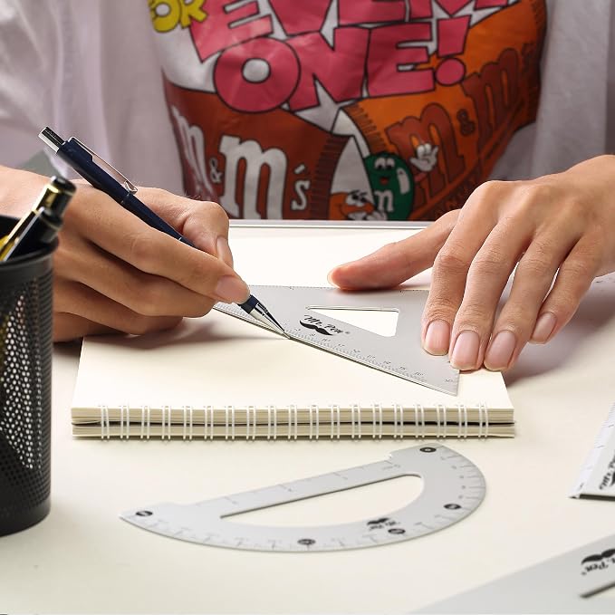 Mr. Pen- Metal Geometry Kit, 4 Pack, 45° & 30°/60° Set Squares | 6" Protractor & 12" Ruler, Durable Metal Drafting Tools for Technical Drawing, Math, Engineering & Architecture