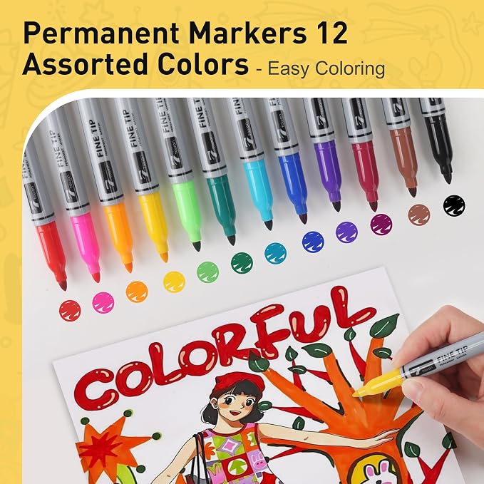 TOWON 12 Permanent Markers - Assorted Colors Drawing Marker Pens Set, Waterproof Quick Drying Fine Tip Colored Artists Markers for Adults Coloring