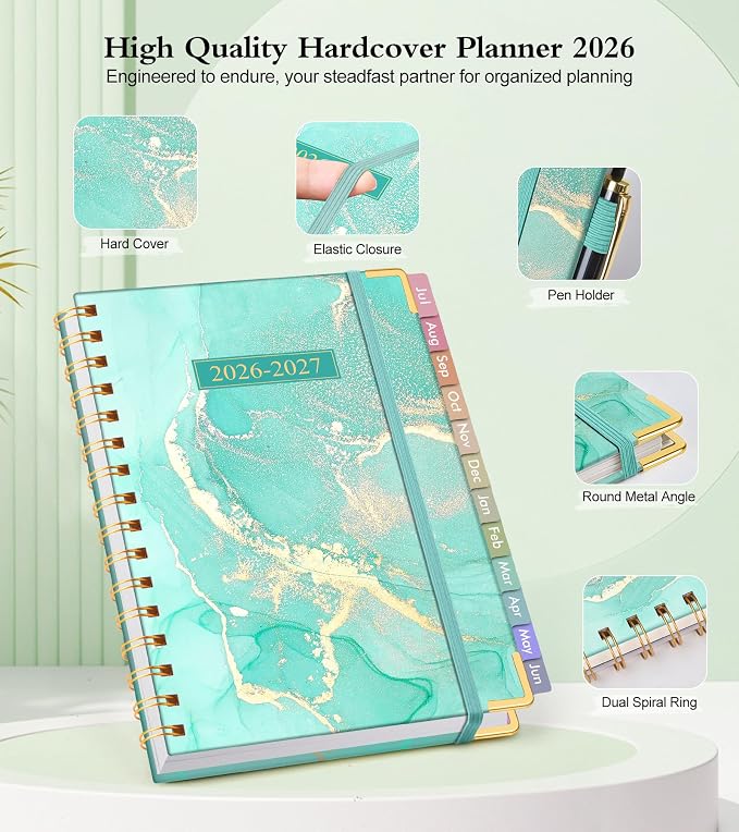 Academic Planner 2026-2027, Hardcover Weekly and Monthly Calendar Planner from July 2026 - June 2027, Daily Agenda Planners with Tabs, College School Organizer for Student Teacher, A5 (6.1" x 8.2"), Teal Marble
