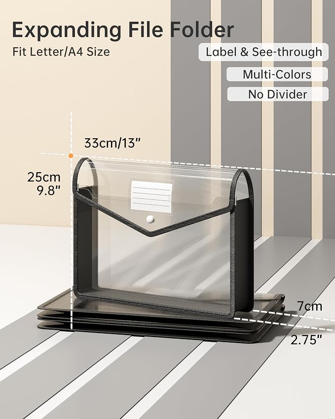 2 Pack Plastic Expanding File Folder, Transparent envelopes with Snap Closure, Fit Letter/A4 Size for School/Office/Home/Hospital, No Dividers, Large Capacity（Black）