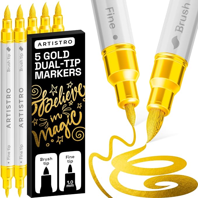 ARTISTRO 5 Gold Acrylic Paint Markers - Paint Pens for Drawing - For Fabric, Rock, Glass, Wood, Molds - Arts & Crafts Gift for Adults, Teens, Kids, Classroom Must Haves & School Supplies