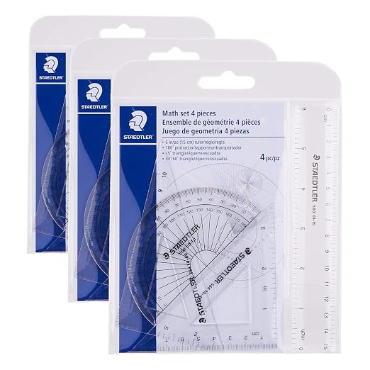 STAEDTLER Math Set - 4 pc Geometry Kit for Students - School Supplies with Clear Protractor, 6in Ruler & 2 Triangles – Metric & Imperial Scales (Pack of 3)