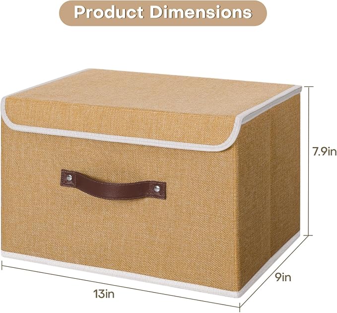 ANMINY 2PCS Storage Bin with Lid Storage Boxes with PU Leather Handles PP Plastic Board Decorative Foldable Lidded Cotton Linen Fabric Home Cubes Baskets Closet Organizer Container - Khaki, Medium