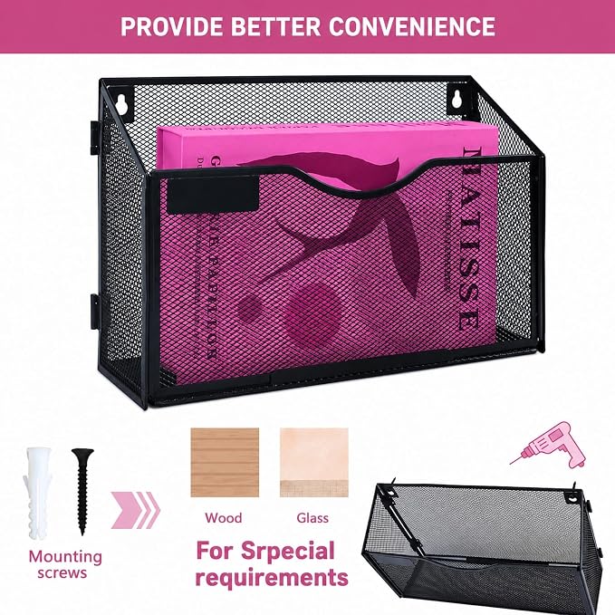 1 Pocket Mesh Wall File Holder Organizer Office Hanging File Folder Magazine Rack (Black)
