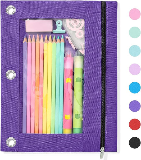 SUNEE Pencil Pouch for 3 Ring Binder, Large Zipper Pencil Case with Clear Window, 3 Reinforced Grommets, Binder Accessories for School and Office Supplies Storage, Purple