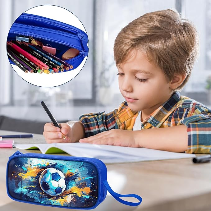 TILYTADLY Large Pencil Case for Boys - Soccer Boys Pencil Pouch with Zipper Compartments - Big Capacity Pen Box Pen Bag Organizer with Keychain for Kids Teens School