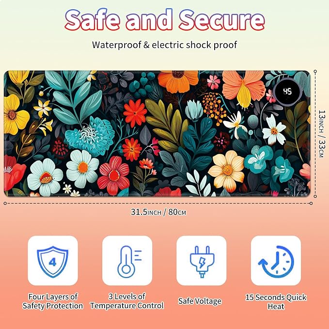 Heated Desk Pad Large Mouse Pad 31.5 x 13 inch with 3 Levels Heating & Auto Shut-Off Warm Mouse pad PU Leather Computer Mousepad for Home Office Work - Colorful Flowers and Leaf