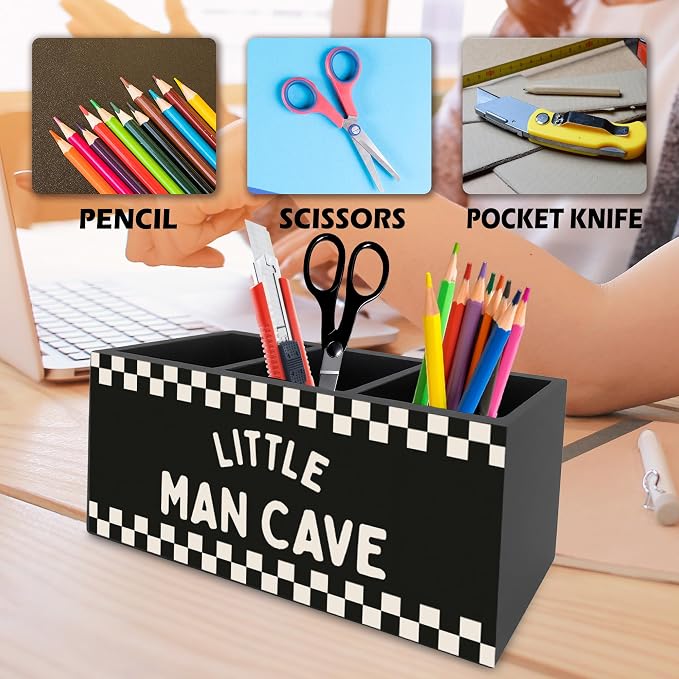 Boys Room Pen Pencil Holder Organizer for Desk, Little Man Cave Black Checkered Wooden Box Signs Decorations for Kids Boys Nursery Bedroom Playroom Desk Tabletop, Race Car Room Decor