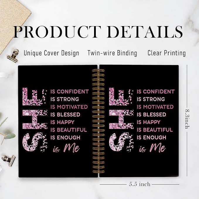 She Is Me Affirmations Spiral Notebook, Pink Black Inspirational Self Care Journal Notebook, Positive Notebooks for School Work, Self Love Office Supplies Gifts for Women Girls, 5.5x8.3 Inch