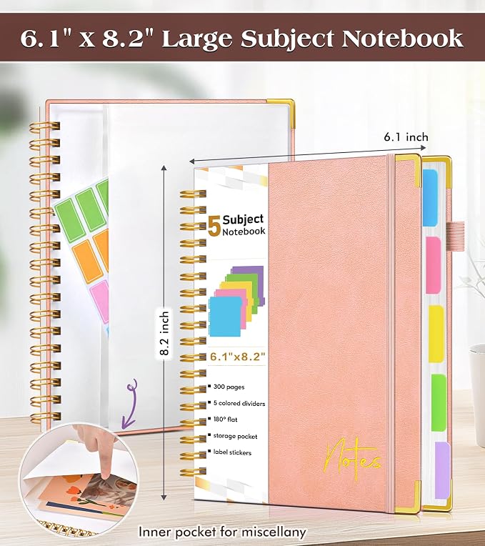 Spiral Notebook Journal with Removable Dividers Tabs, 300 Pages Hardcover Leather 5 Subject College Ruled Notebook, 6.1"x8.2" Large A5 Lined Journal for Women Men Spiral Notebook for Work School,Pink