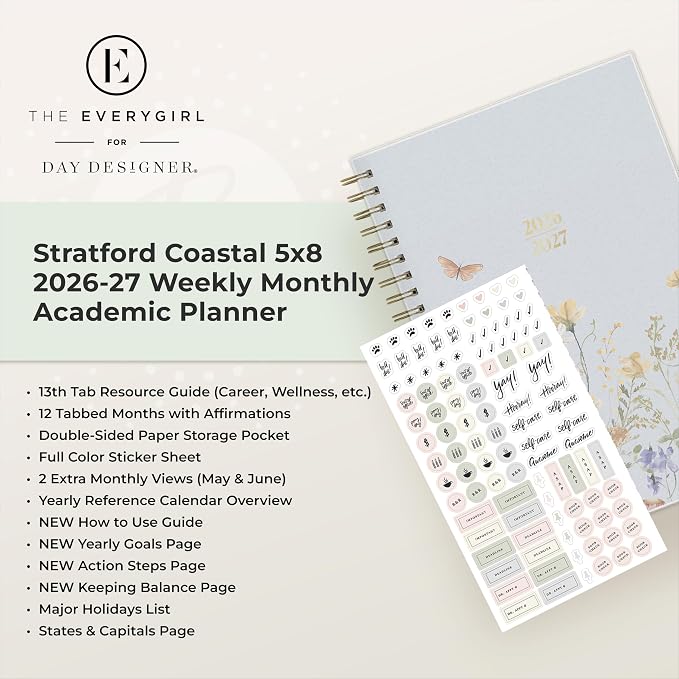 Blue Sky 2026-2027 Weekly & Monthly Academic Planner, 5"x8", Stratford | July 2026 - June 2027, Flexible Cover, Wirebound, Laminated Tabs, Storage Pocket, Stickers, Academic Year, The Everygirl