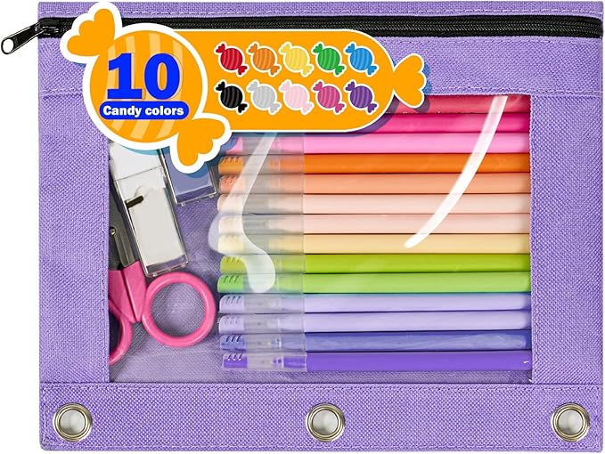 Forvencer Pencil Pouch for 3 Ring Binder, Large Pencil Case Pouch with 3 Reinforced Grommets, Pen Bag, Clear Window Pencil Case, Binder Accessories, Lavender
