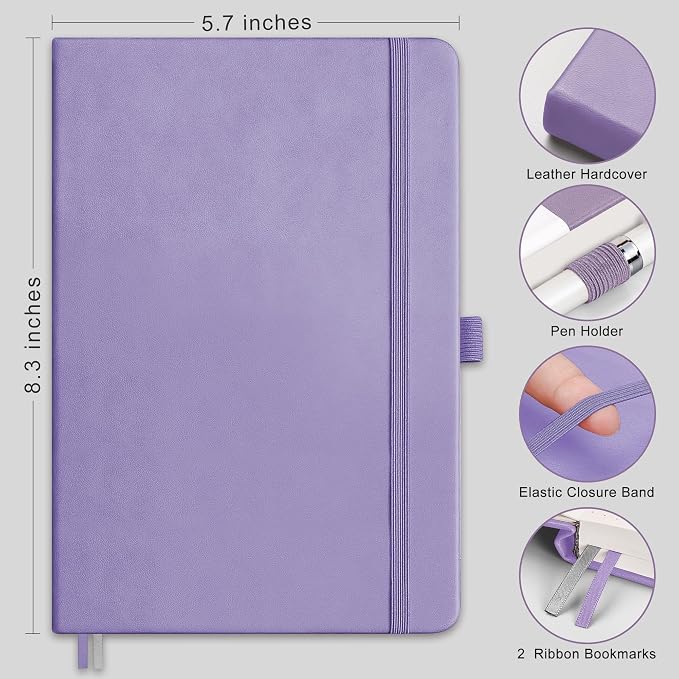 RETTACY Dotted Journal Notebook, 192 Pages, A5 Medium Size (5.7'' x 8.3'') | Leather Hardcover, 100 GSM Thick Paper, for Journaling, Planning, Tracking (Purple)