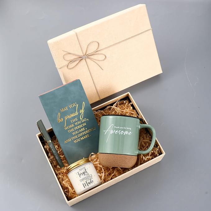 Sayglossy 4 Pcs Thank You Gifts for Men Women Teacher Employee Coworker Appreciation Notebook Inspirational Coffee Mug Scented Candle Ballpoint Pen for Volunteer Housekeeping