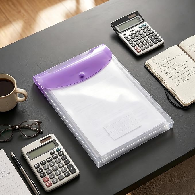 12 Pack Expandable Plastic Envelopes Binder Pocket, 11 Hole Expanding File Pockets for 2/3/4 Ring Document Pouch with Snap Button & Label, Loose-Leaf Transparent for School Home Office