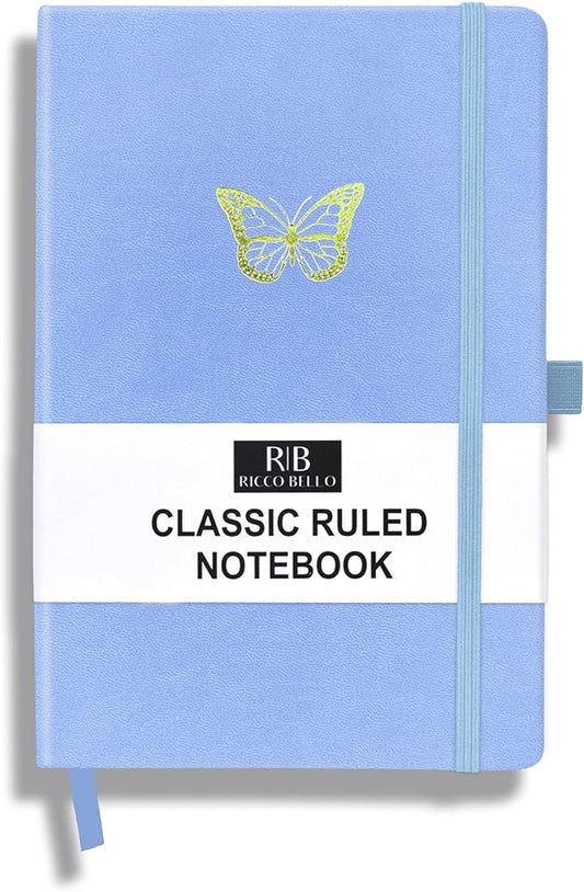 RICCO BELLO Lined Journal Notebook, Butterfly, 5.7 x 8.4-Inches | Faux Leather Hardcover, Pen Holder, College Ruled, 96 Sheets / 192 Pages, For Work & Notes