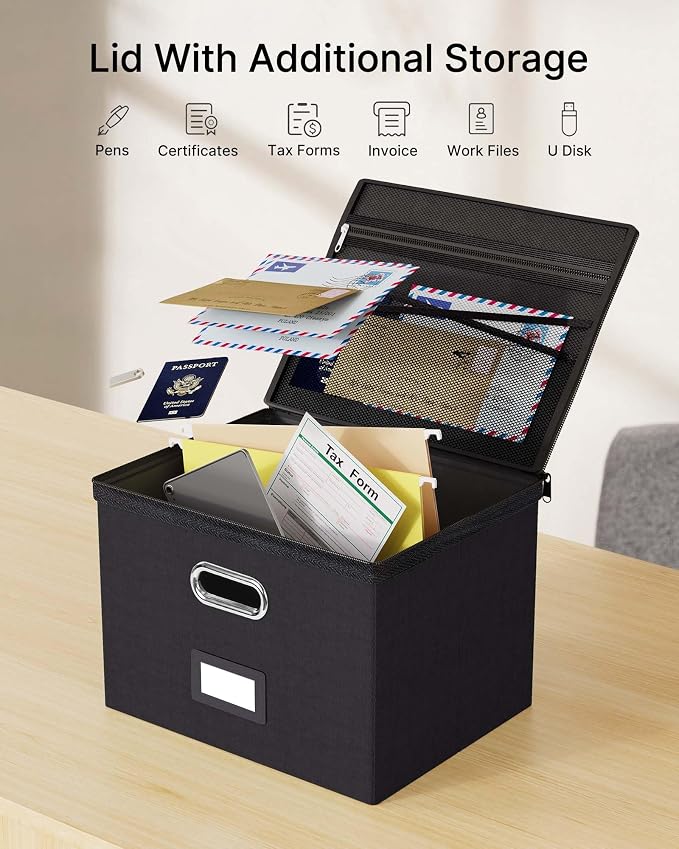 Oterri File Box Large 1-Pack Hanging Organizer for Letter/Legal-Size Folder | Dustproof Lid. 3 Mesh Pockets. Collapsible Scratch-Resistant GRS Linen. Slide Rails. Office, Home, Dorm