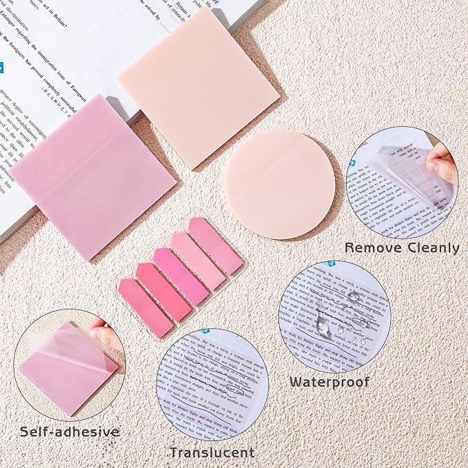 1450 Sheets Transparent Sticky Notes, 3 x 3 inch Aesthetic Clear Lined Sticky Notes with Pen, Gradient Color Waterproof Self-Adhesive Annotation Tabs for Bible Journaling (Pink)