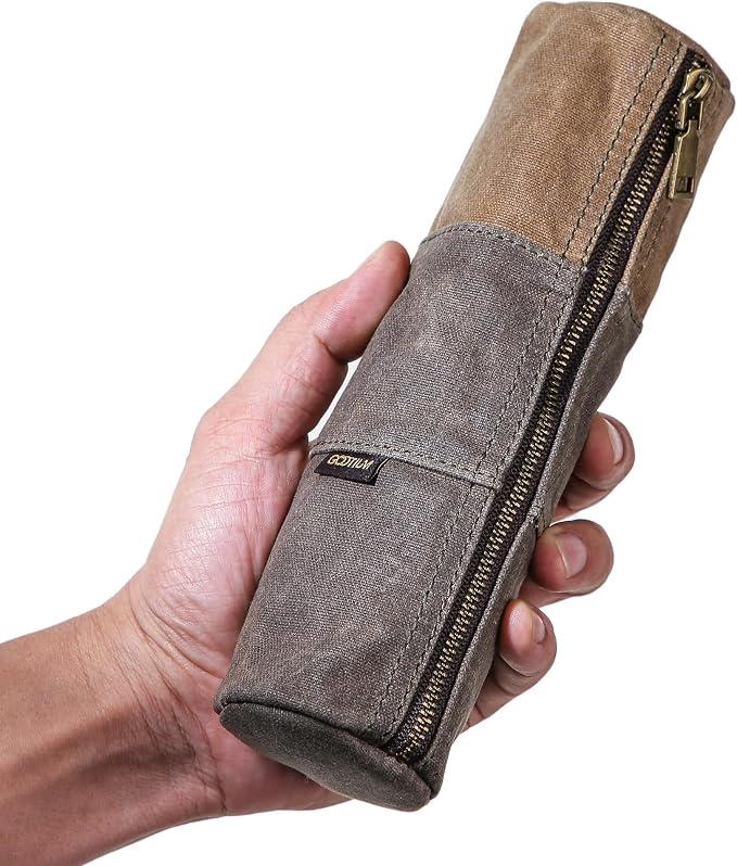 GOOTIUM Waxed Canvas Pencil Pouch - Vintage Zippered Stationery Organizer for Pens, Pencils, and Accessories Handmade Multi-Purpose Utility Case, Taupe