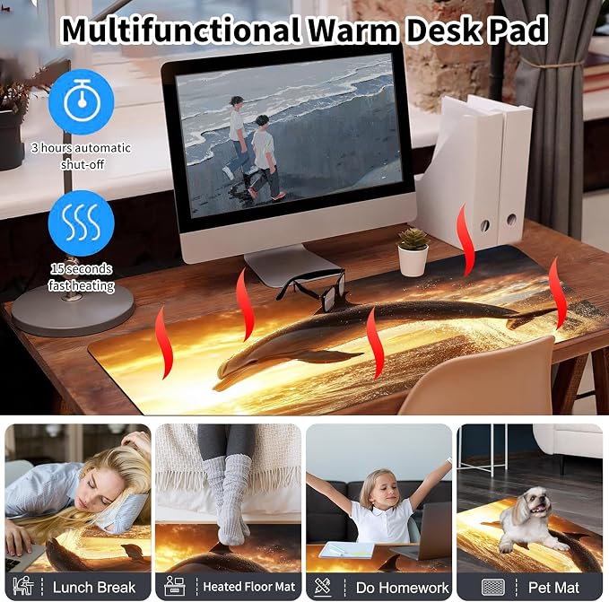 Warm Desk Pad,Heated Desk Pad,Office Mat,3 Heating Levels & 3 Hours Auto Shut-Off,31.5"*13" Gaming Mouse Laptop Keyboard Leather Desk Mat,Dolphin Sunset