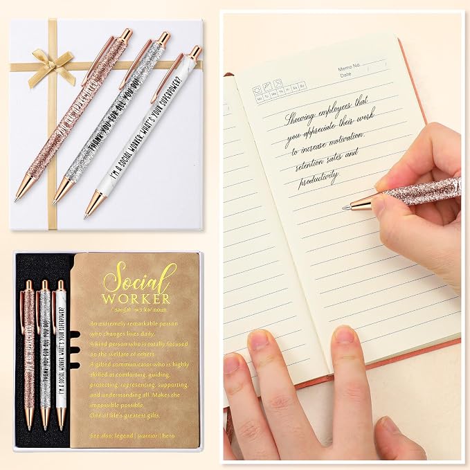 Resurhang 5 Pcs School Social Worker Must Haves Office Supplies Gift Leather Journal Notebook 3 Ballpoint Pens with Box Thank You Social Work Appreciation Gift for BSW MSW DSW(Khaki)
