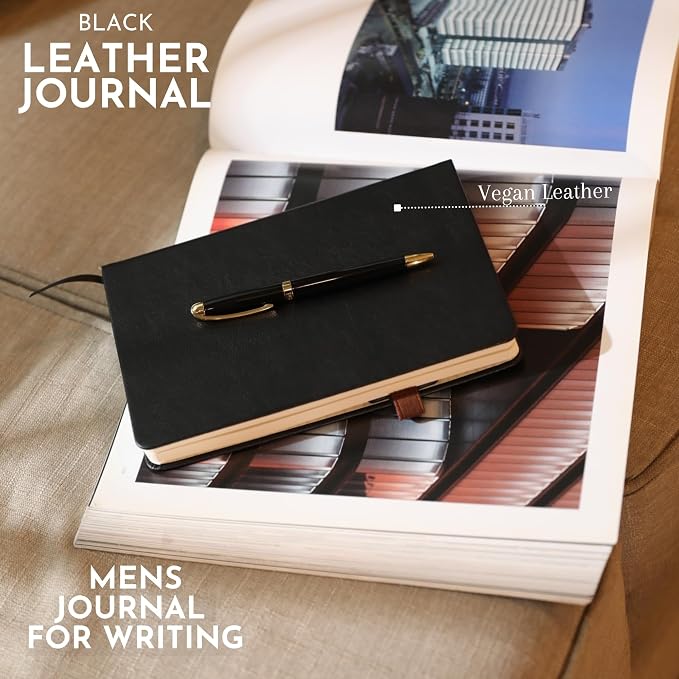 SETTINI® Hardcover Lined Journal Notebook A5 120 GSM Lay-Flat, Onyx Black | lay-flat binding, 120 GSM thick paper, A5, lined, ribbon bookmark, elastic closure, for men