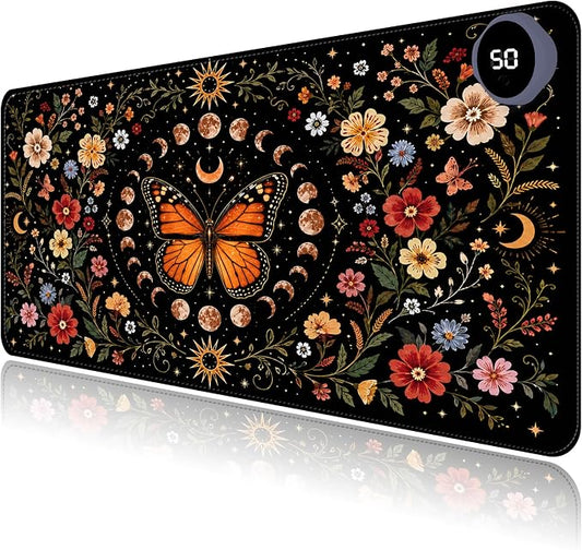 Large Heated Mouse Pad–31.5" x 13" Desk Mat for Office | 3 Adjustable Heat Levels,Auto Shut-Off After 3 Hours for Safety,Keeps Hands Warm While Working，Celestial Monarch Butterfly