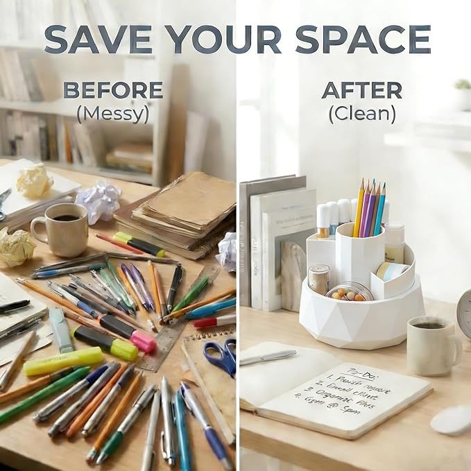 360° Rotating Pen Holder, Large Capacity Pencil Organizer with 4 Compartments for Office and Art Supplies (White)
