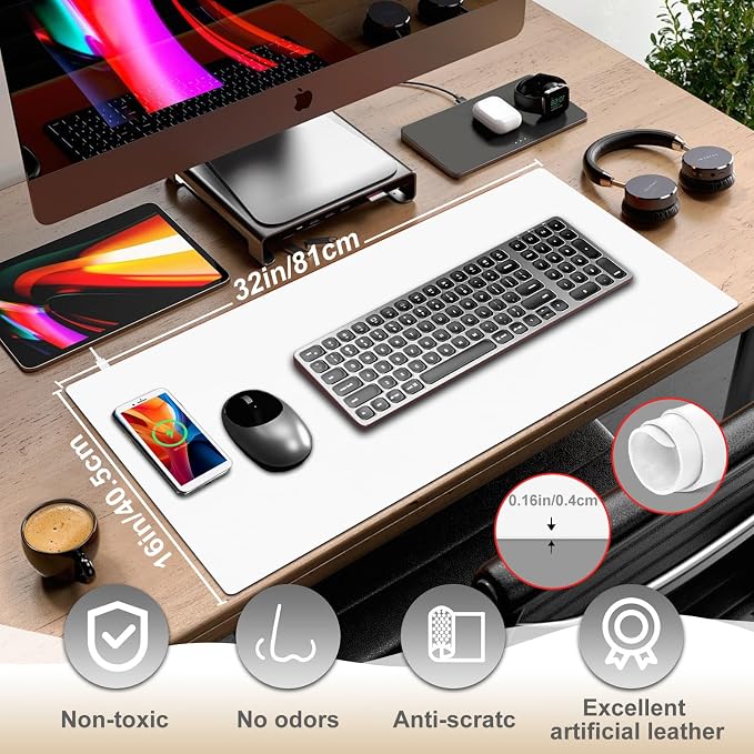 Desk Mat with Wireless Charging, White Mouse Pad with Wireless Charger, Desk Pad Matt for Desktop, Mousepad Gaming Large Mouse Pad, Leather Compute for Keyboard and Mouse, 32" x 16"