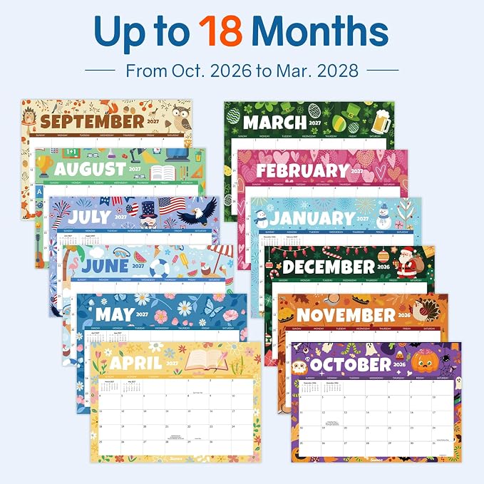 SUNEE Desk Calendar 2027 - 17" x 12" Desk Pad Calendar, 18-Month Monthly Planner Oct. 2026 - Mar. 2028, Desktop Calendar with 308 Planner Stickers, Plastic Protective Corners for Office, School and Home, Seasons Color