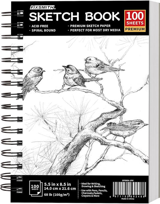 FIXSMITH 5.5"X8.5" Sketch Book | 100 Sheets (68 lb/100gsm) Sketchbook| Acid Free Drawing Paper | Spiral Bound Artist Sketch Pad | for Kids, Beginners, Artists & Professionals | Bright White