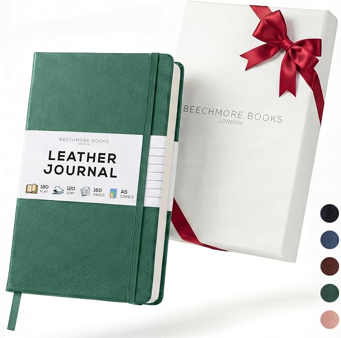 BEECHMORE BOOKS Premium Lined Leather Journal for Men & Women, 5" x 8" (A5) Thick 120gsm Ivory Cream Paper Notebook, Hardcover Vegan Leather Personal Diary, With Gift Box (Dartmouth Green)