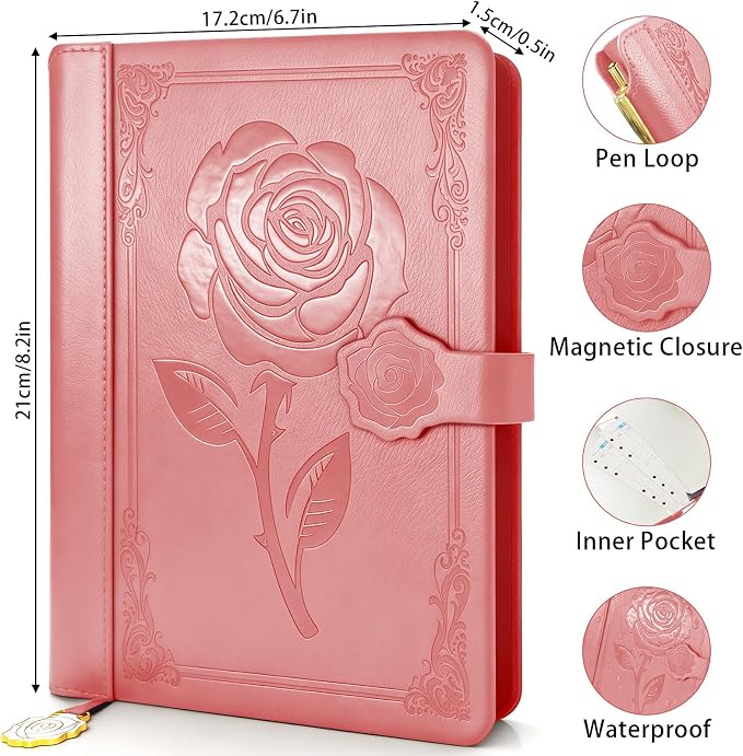Aocii leather Journal for Women, A5 lined Daily Journal Notebook, Bullet Journaling for Writing, Hardcover Vintage Travel Journals, 224 Pages, Pen included (Pink)