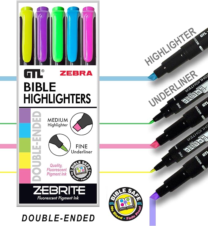 G.T. Luscombe Company, Inc. Zebrite Bible Marking Kit | No Bleed Pigmented Ink | No Fading or Smearing | Double Ended Highlighters, Note Pen & Books of the Bible Ruler/Bookmark (Set of 5 + Ruler)