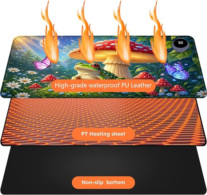 Large Heated Mouse Pad–23.6" x 14.2" Desk Mat for Office | 3 Adjustable Heat Levels,Auto Shut-Off After 3 Hours for Safety,Keeps Hands Warm While Working，Mushroom Frog