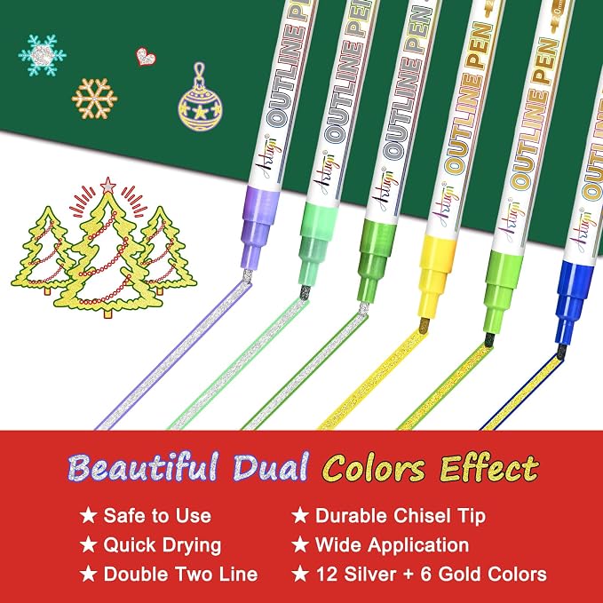 Artugn Outline Markers, 12 Sliver + 6 Gold Metallic Shimmer Glitter Pens | 18 Colors Art Craft School Drawing Supplies, Birthday Fun Kits for Kids Girls Ages 4 6 8 10 12 Year Old