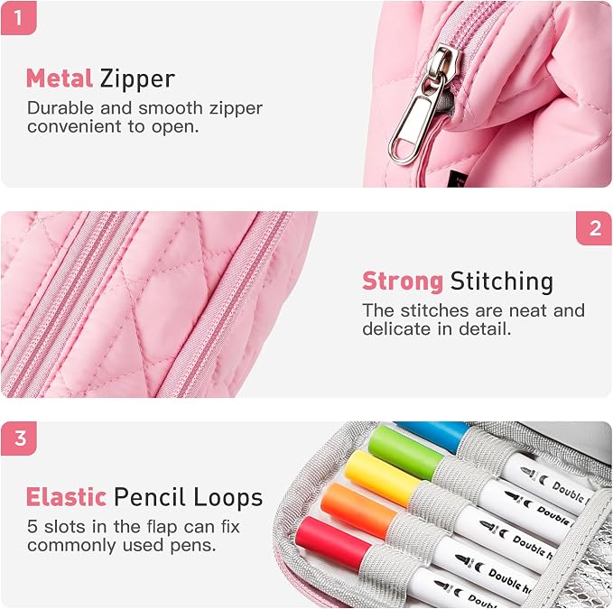 Zannaki Soft Quilted Large Pencil Pouch Organizer with Wide Opening for Boys Girls Teens - Extra Big Capacity Pen Pencil Bag with Zipper, Portable Pencil Case Box for School, College, Cosmetic Gift
