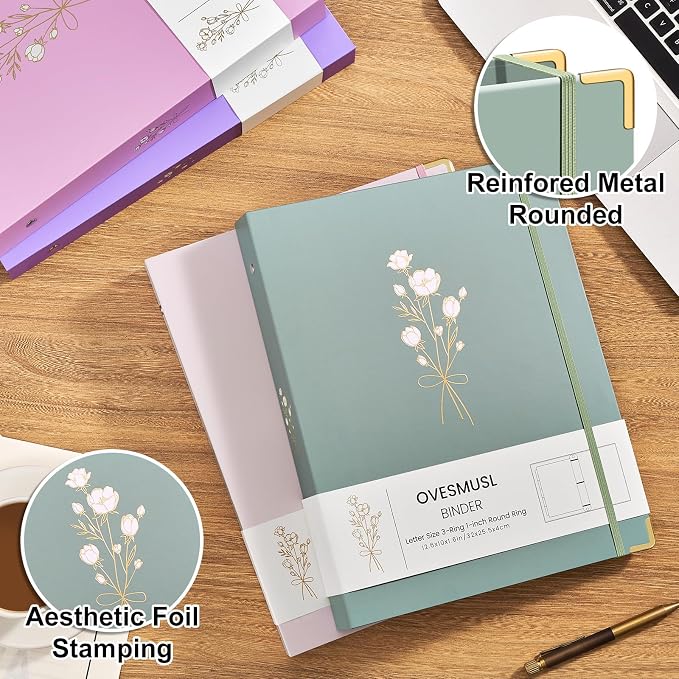 OVESMUSL Aesthetic 3 Ring Binder 1 Inch Set of 2, Decorative Hardcover Paper Binders for School, Office and Recipe Organizing, Fits 8.5 x 11 Letter Size, Sage Green and Pale Pink