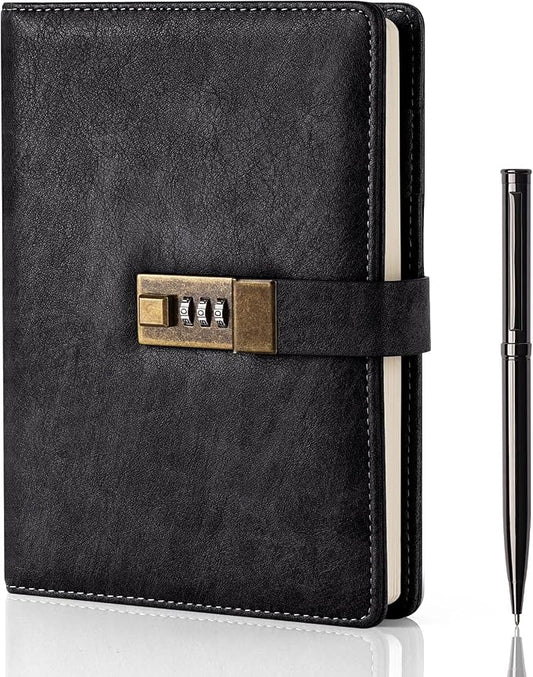 WEMATE Diary with Lock, A5 PU Leather Journal with Lock 240 Pages Black | Vintage Lock Journal Password Notebook with Pen & Gift Box, Lock Diary Planner Organizer for Men and Women, 8.6x5.8in