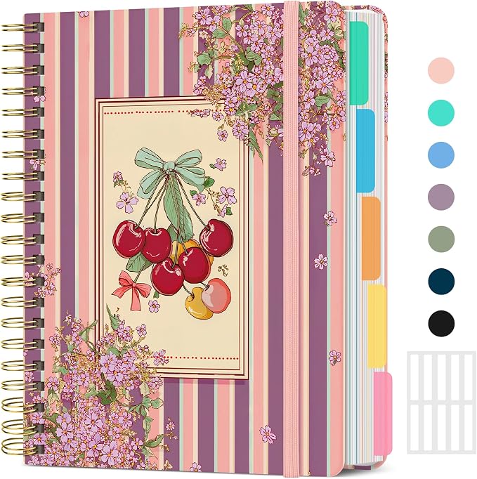 Large Lined Spiral Journal for Women Cute Hardcover 5 Subject Notebook for Work 8.5" x 11" with Removable Dividers & Tabs, College Ruled, 280 Pages Aesthetic Journal for Work, School & Note Taking, Cherry Reverie