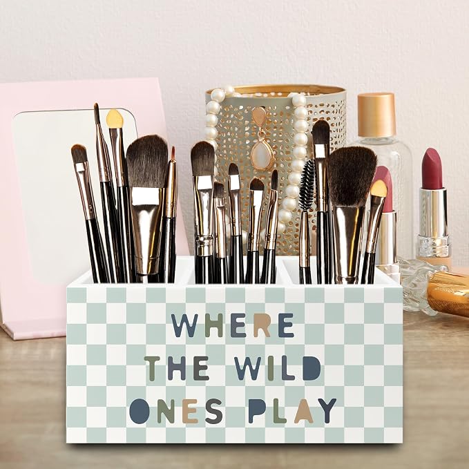 Kids Playroom Boho Pen Pencil Holder Organizer for Desk, Boy Girl Nursery Checkered Wooden Box Signs Decorations for Kids Room Playroom Classroom Desk Tabletop, Boys Girls Room Decor
