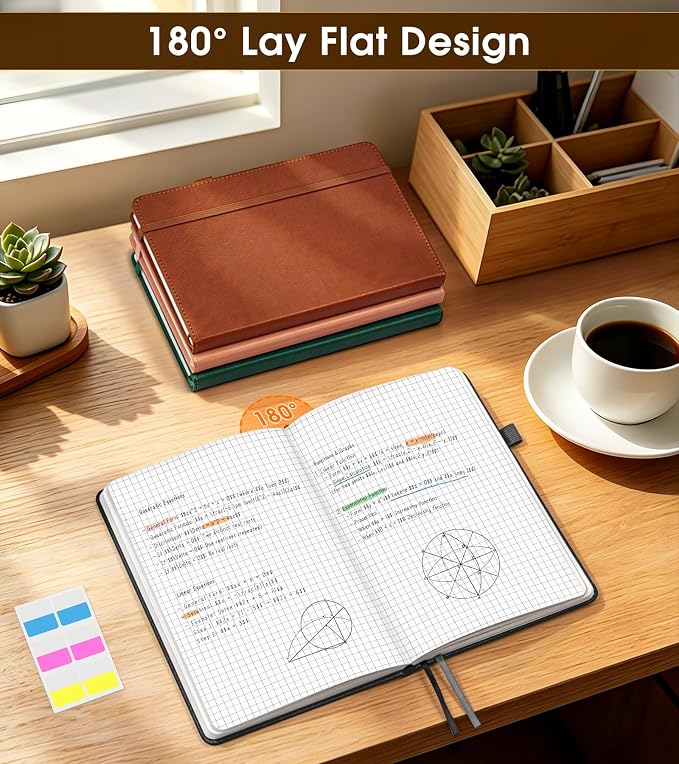 A5 Leather Hardcover Graph Paper Notebook, 160 Pages (5 Squares/Inch), 180° Lay-Flat Binding, 100 GSM Thick Paper, for Math, Engineering, Students & Technical Work (Black)