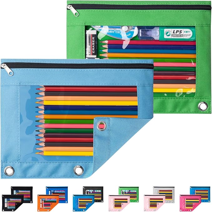 Sooez Pencil Pouch for 3 Ring Binder, 2 Pack Binder Pencil Pouch with Clear Window Pencil Bags with Zipper & Reinforced Grommets, Pencil Case for Binder Blue & Green