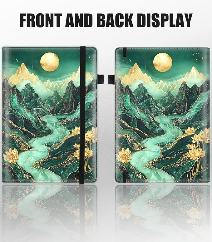 Hardcover Executive Notebooks, A5 PU Leather Lined Journal Notebook, 200 Pages Thick Paper Subject Notebooks for School,Work,Home Writing Business Notebook, Diary Book ，Green Mountain Landscape