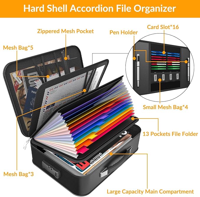 onvvippiv Hard Case Fireproof Document Box with Lock Zipper | Important File Organizer Waterproof Portable Home Office Travel Storage Accordion Folder for Letter A4 Laptop Files