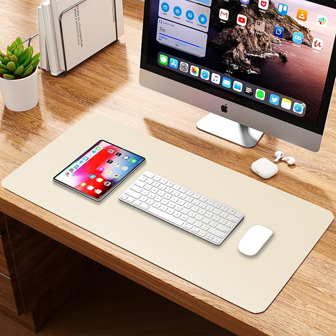 Leather Desk Pad Protector, Waterproof Mouse Pad, PU Desk Mat, Office Desk Cover, Desk Writing Mat for Office/Home/Work/Cubicle (Eggshell) 23.6x13.7 in