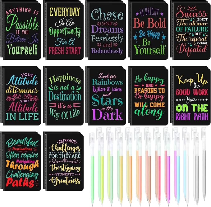 24 Pcs Mini Inspirational Notebooks Bulk with 24 Colorful Pens， 3.5"x5.5" | Small Pocket Journal Notepads Set, Motivational Bulk Gifts for Women Men Teacher Students Kids, End of School Year Gift Bulk